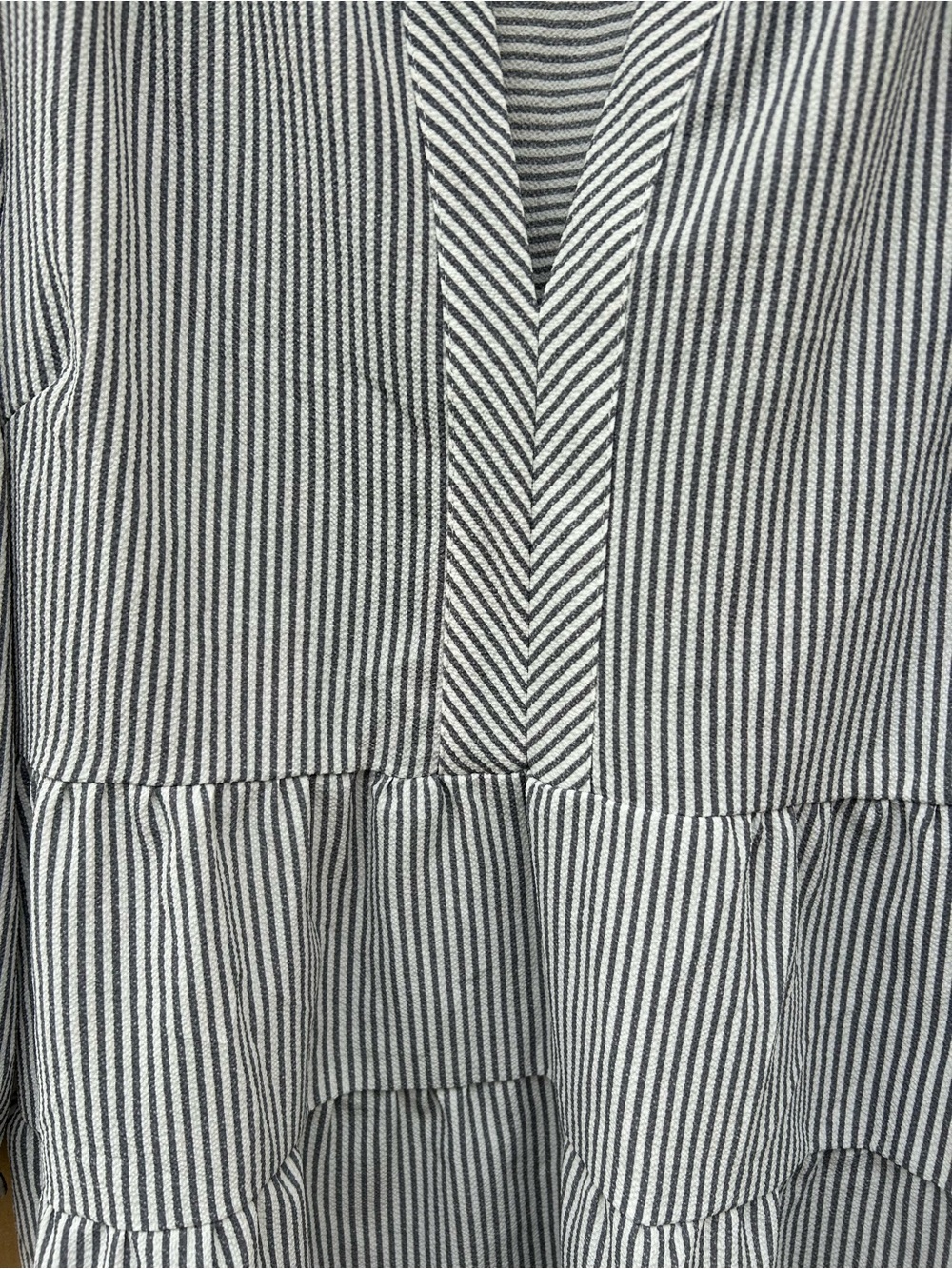 Monteau Peplum Stripped Blouse Ruffle Neck Long Sleeve v-neck Medium Grey White - Picture 6 of 8